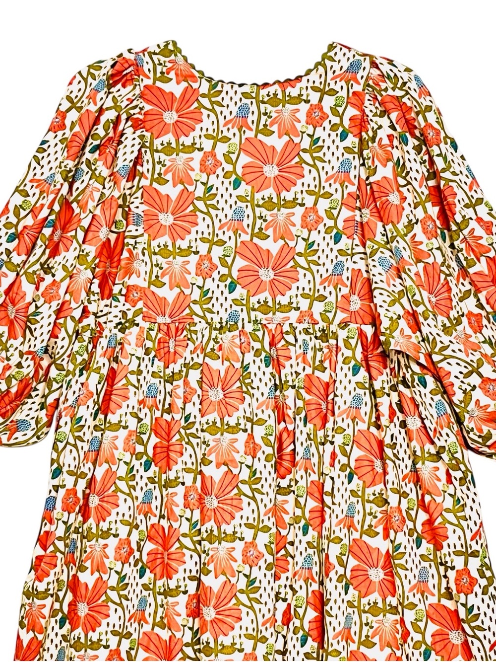 Gigio Babydoll Dress Coral Cream Floral Puffy Balloon Sleeve Pockets S Made/USA - Picture 11 of 16